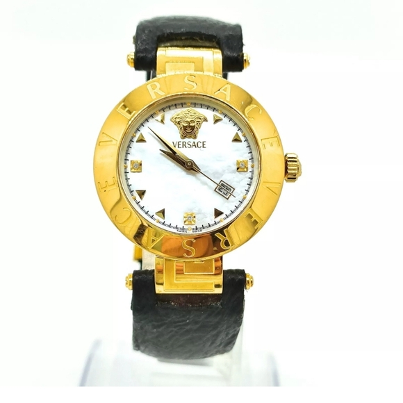 Versace Swiss Made Ladies Goldtone Watch W/Black Leather Shark Band Working - Picture 9 of 10